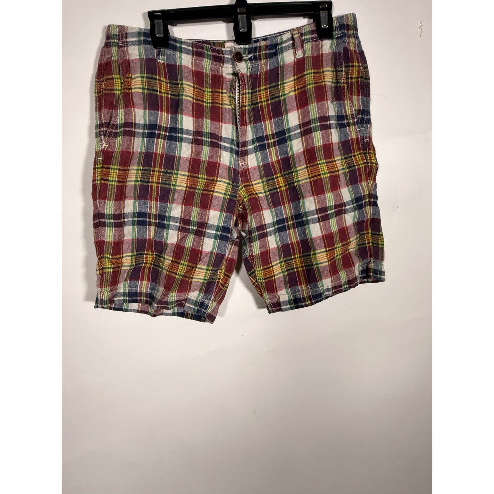 Lands End Canvas Mens Plaid Linen Shorts Multicolor Preppy Flat Front Size 34